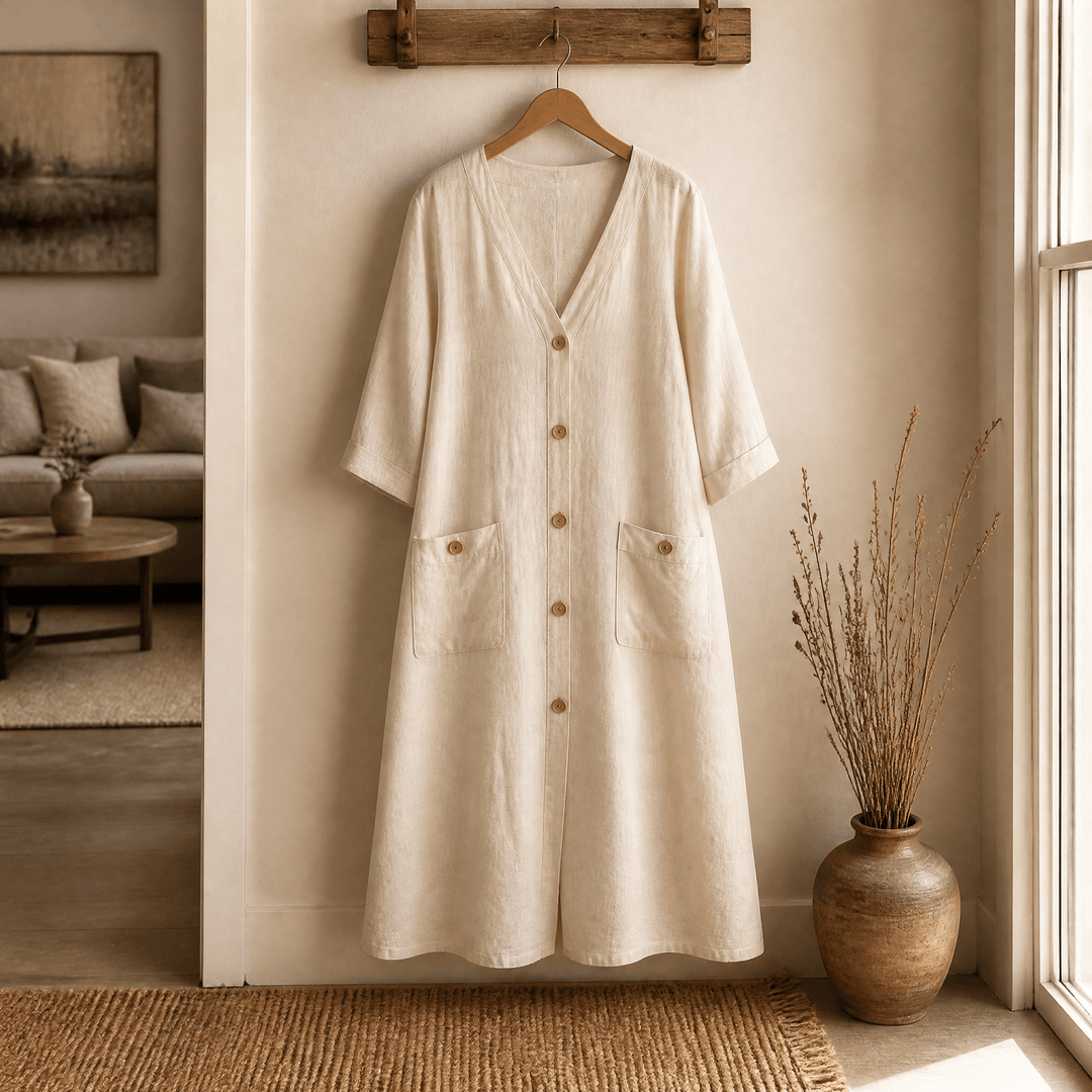 Back view of the flowing skirt on a casual women's midi dress