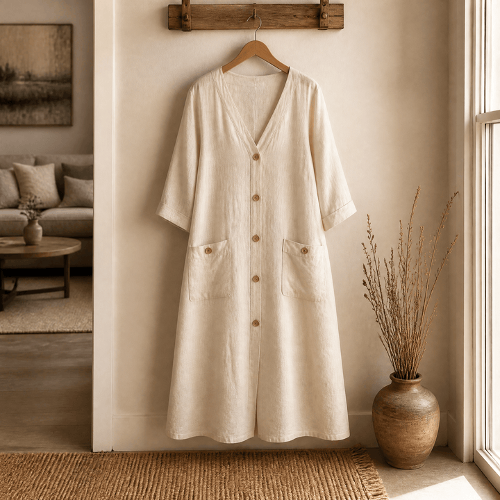 Back view of the flowing skirt on a casual women's midi dress