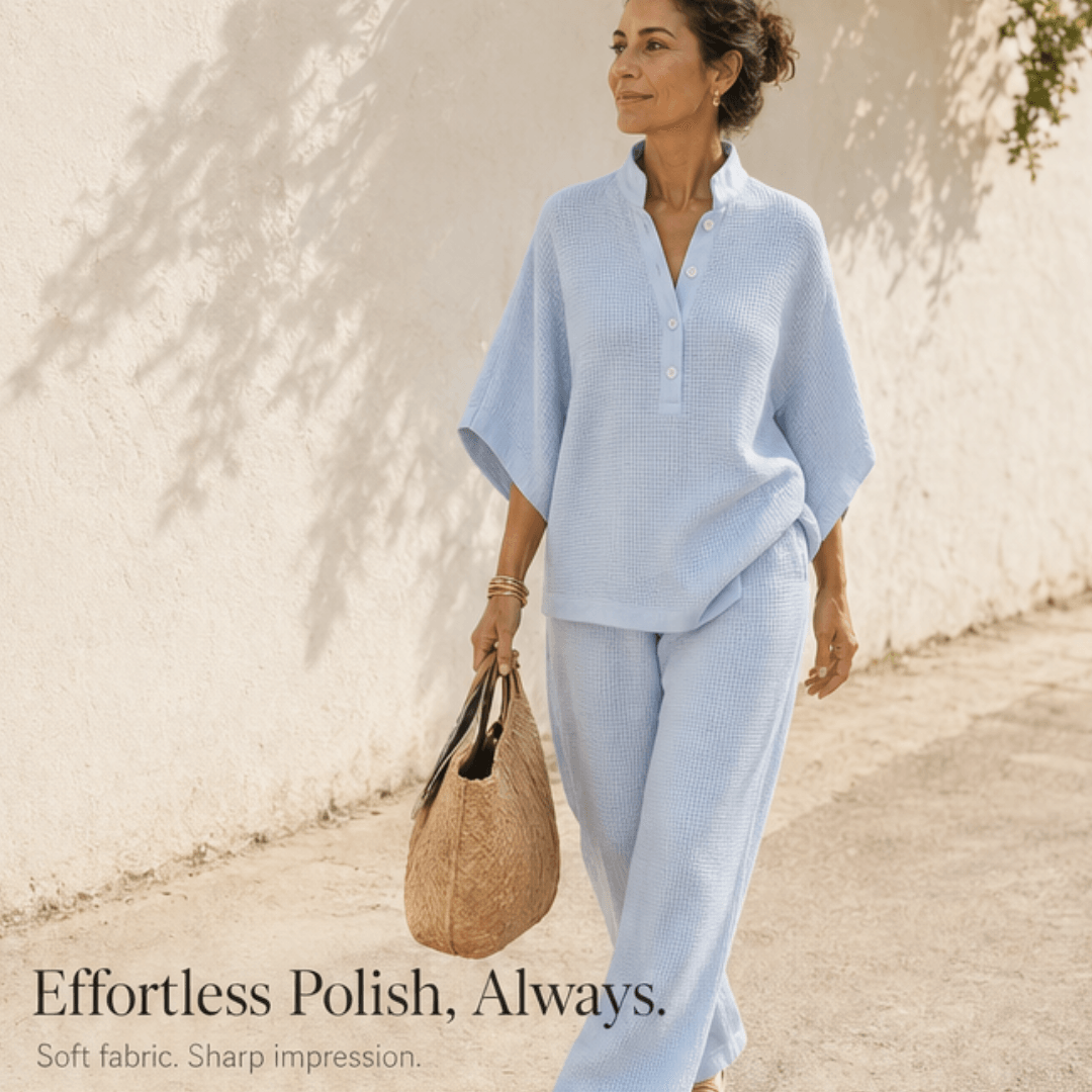 Side view of comfortable two-piece casual outfit for women