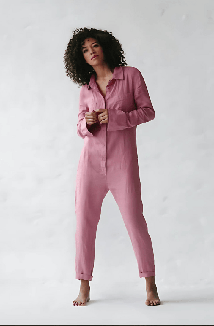 Detailed shot of the functional pocket and fabric texture on a womens casual jumpsuit