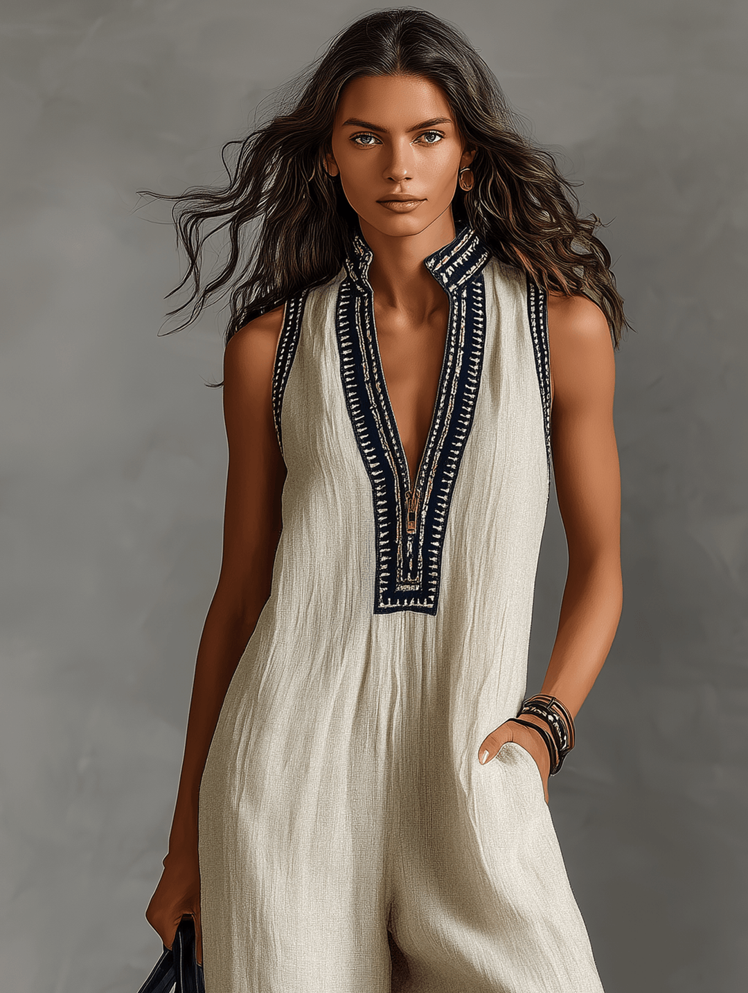 Full length shot of stylish sleeveless embroidered jumpsuit for women