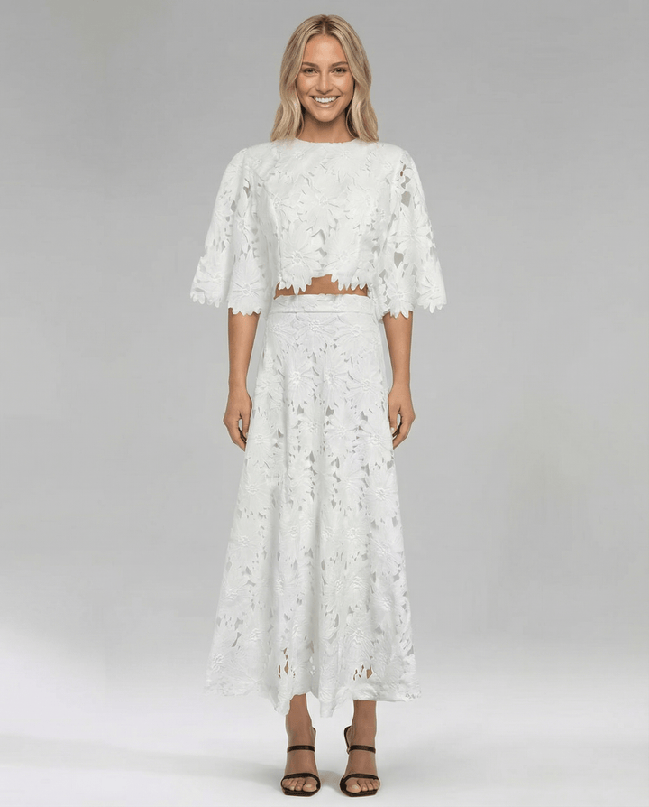 Full length view of floral lace two-piece midi dress for women