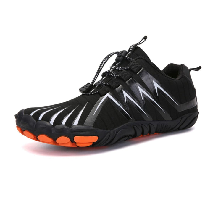 Breathable mesh upper on unisex barefoot training shoes with secure laces.