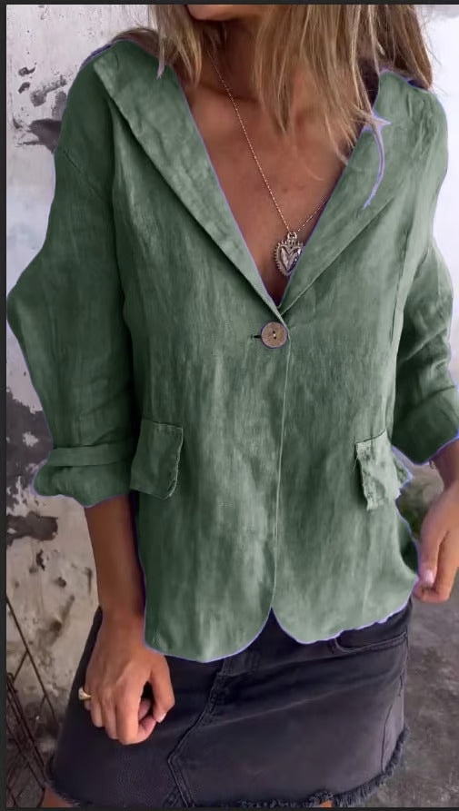 Full length view of the womens tailored jacket paired with casual attire