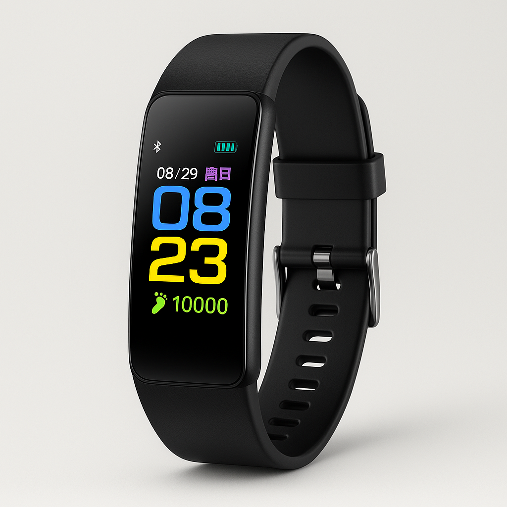 Black senior health monitoring smartwatch with clear time and date display