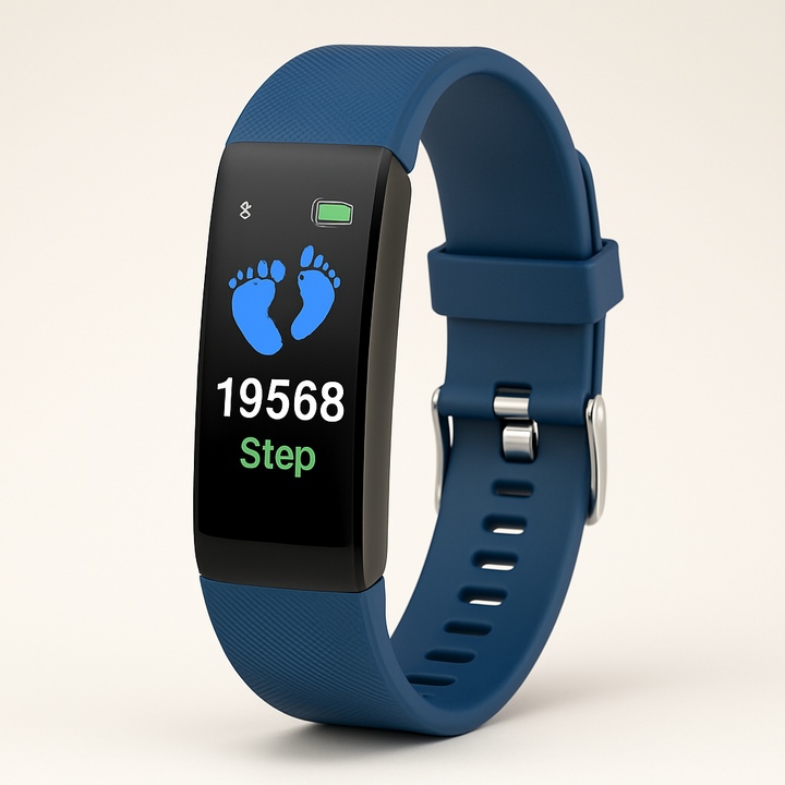 Blue senior health tracking smartwatch showing step count on LED display