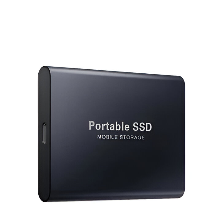Portable solid state drive with universal port and mobile adapters in sleek grey finish