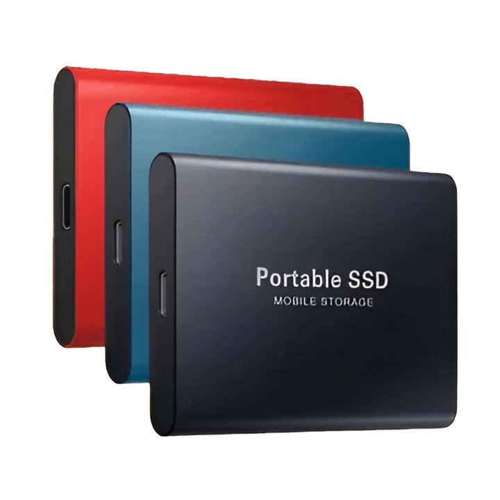 Slim external storage device shown from an angle highlighting its modern design
