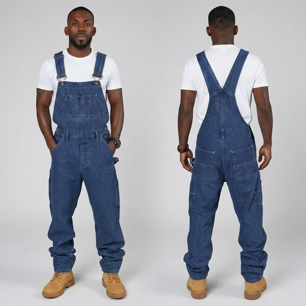 Front and back view of a man wearing dark blue denim dungarees with a white t-shirt and work boots