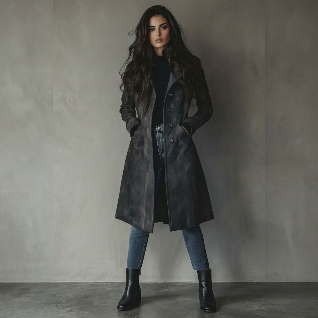 Full length shot of a woman wearing an elegant classic long winter coat outerwear