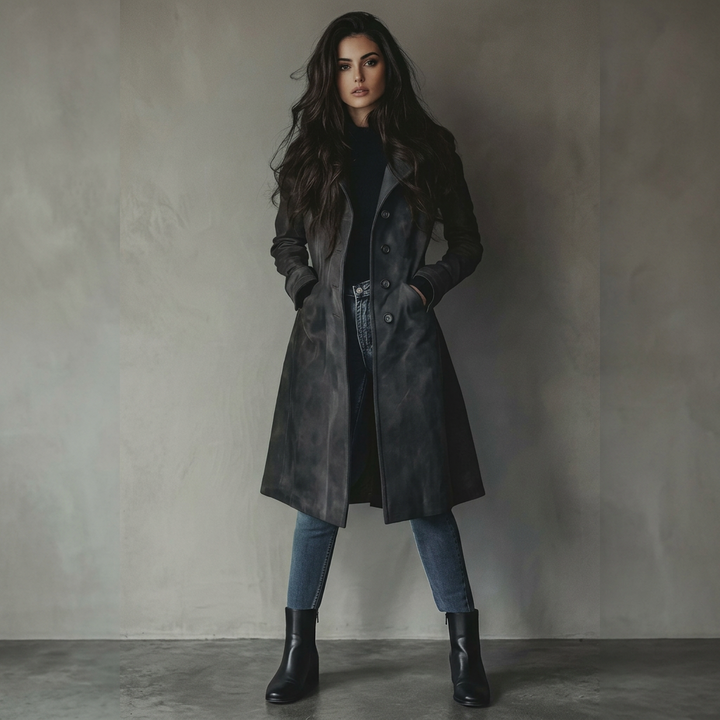 Full length shot of a woman wearing an elegant classic long winter coat outerwear