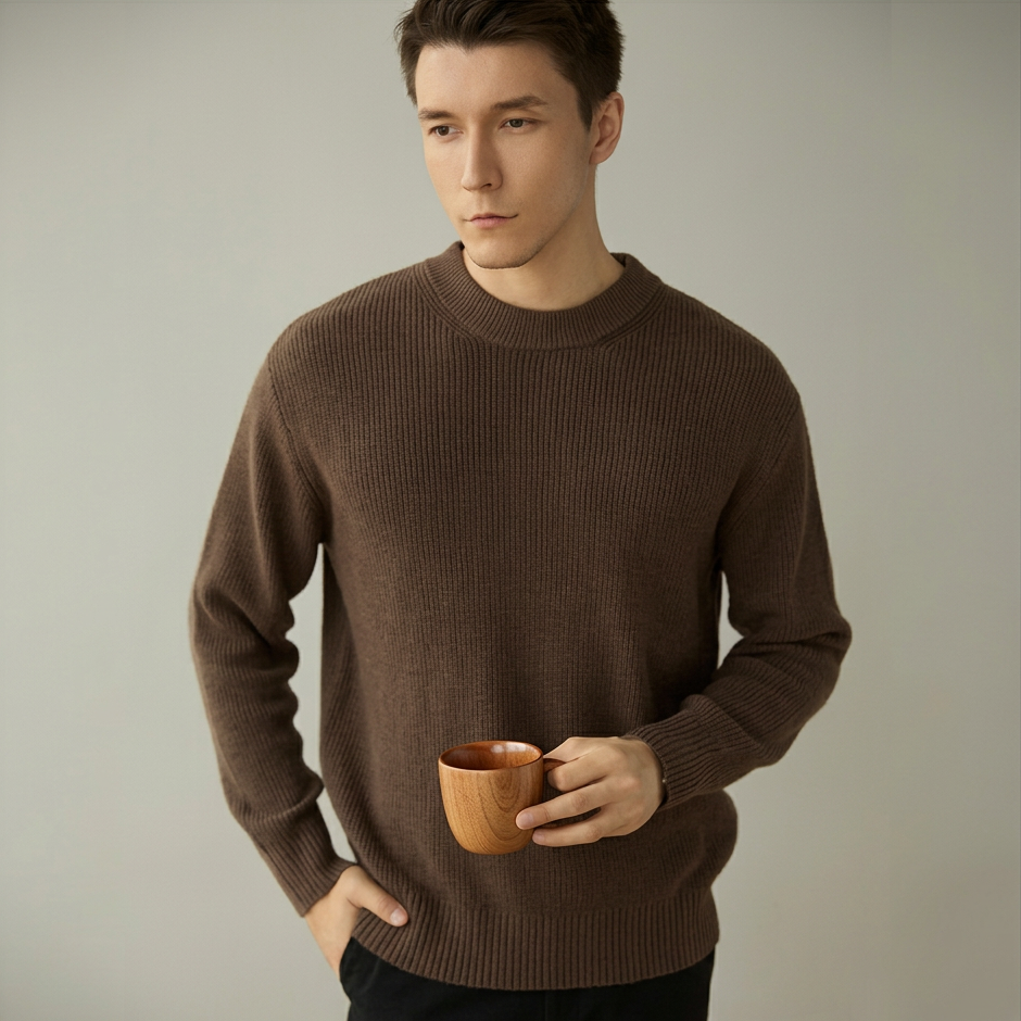 Man wearing a dark brown rib knit crew-neck jumper holding a wooden cup
