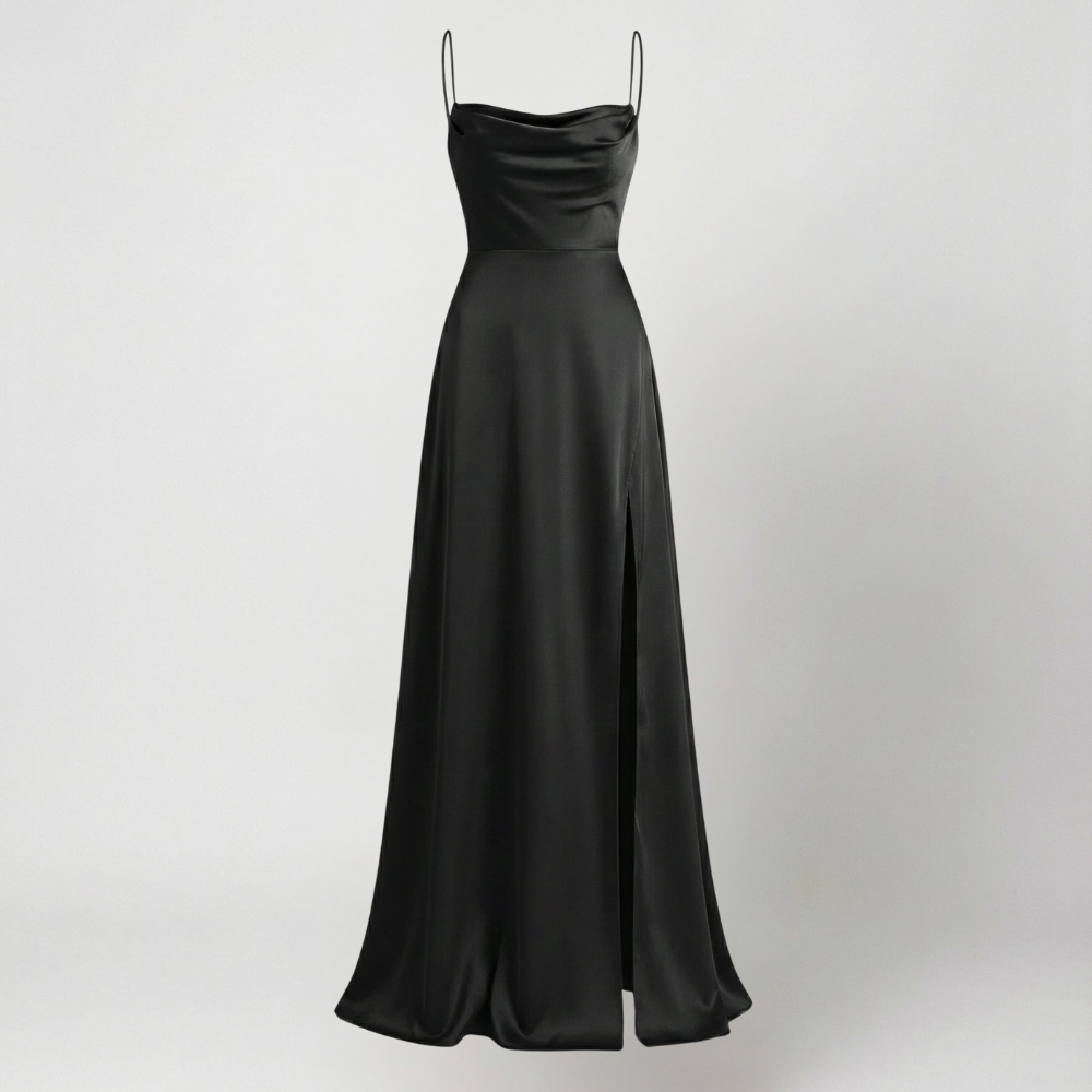 Full length view of formal evening maxi dress with dramatic leg slit