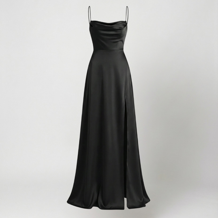 Full length view of formal evening maxi dress with dramatic leg slit