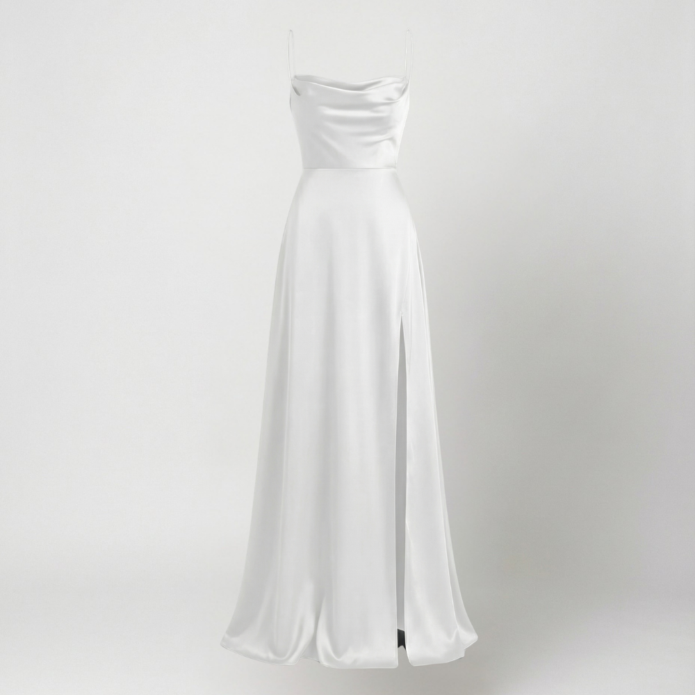 Back view of women's formal satin slip dress with strappy open design