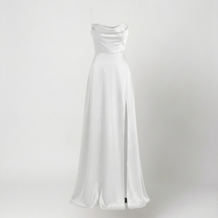 Back view of women's formal satin slip dress with strappy open design