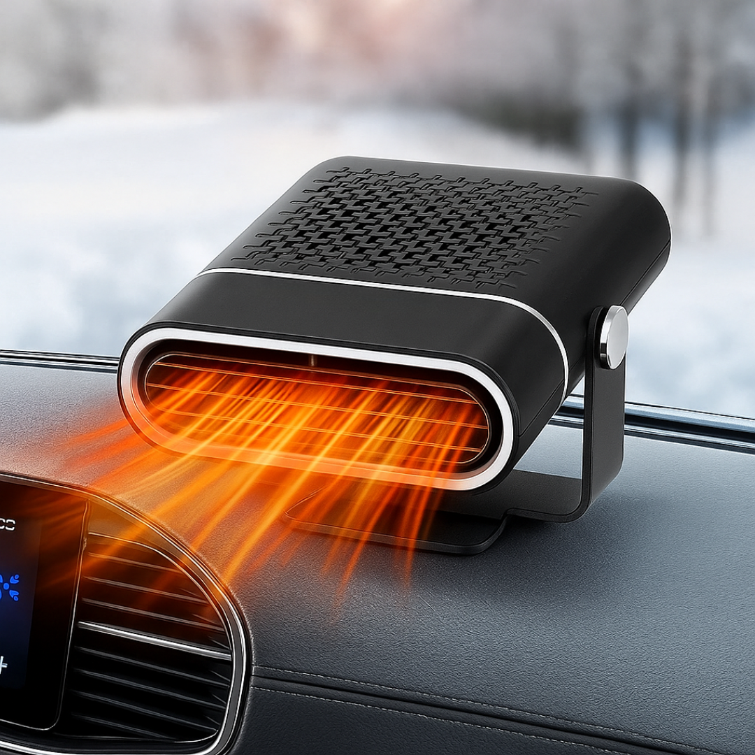 Portable black 12V car heater and windscreen defroster on a dashboard with snowy background