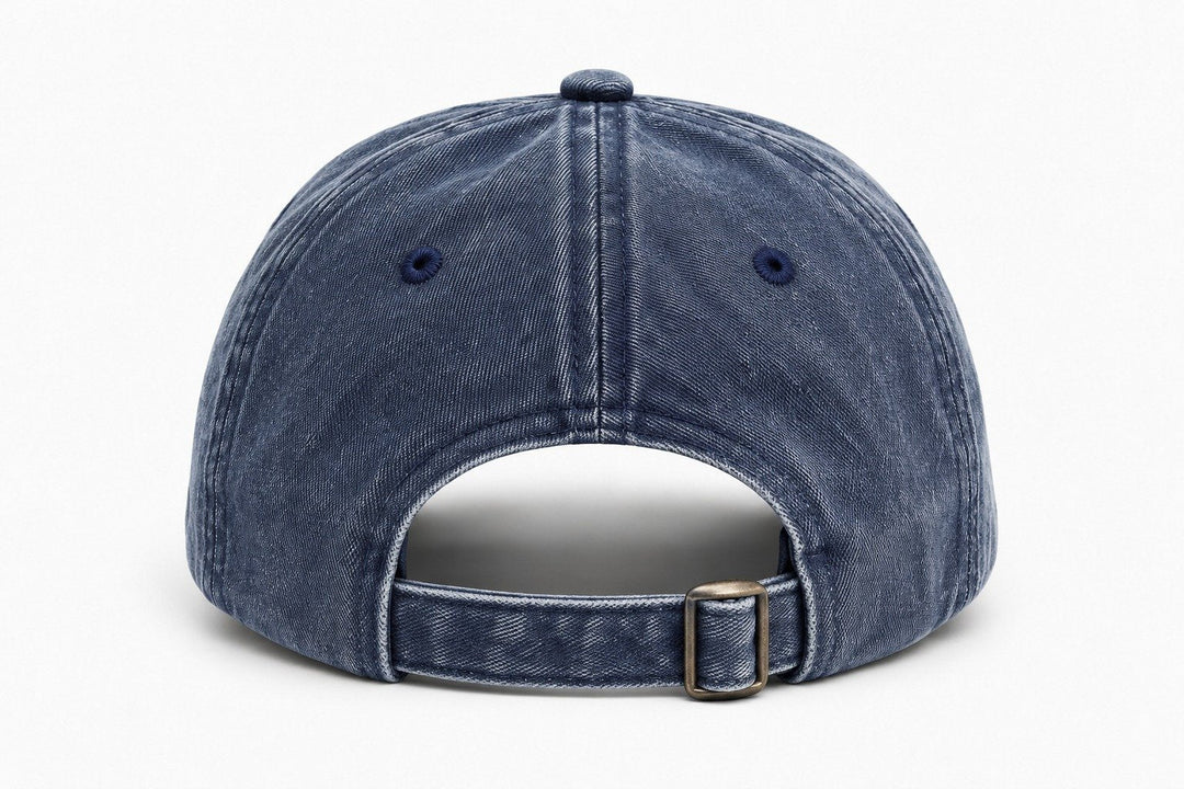 Adjustable metal buckle closure on back of casual unisex cap