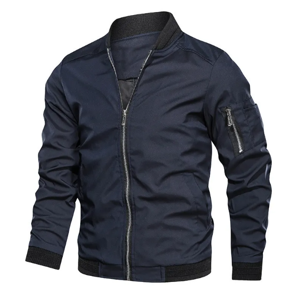Close up of zipper detail on mens spring jacket and lined bomber outerwear