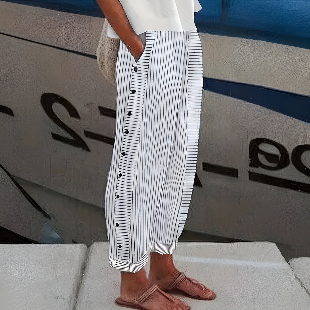 Close-up of striped wide-leg cropped pants featuring decorative side buttons