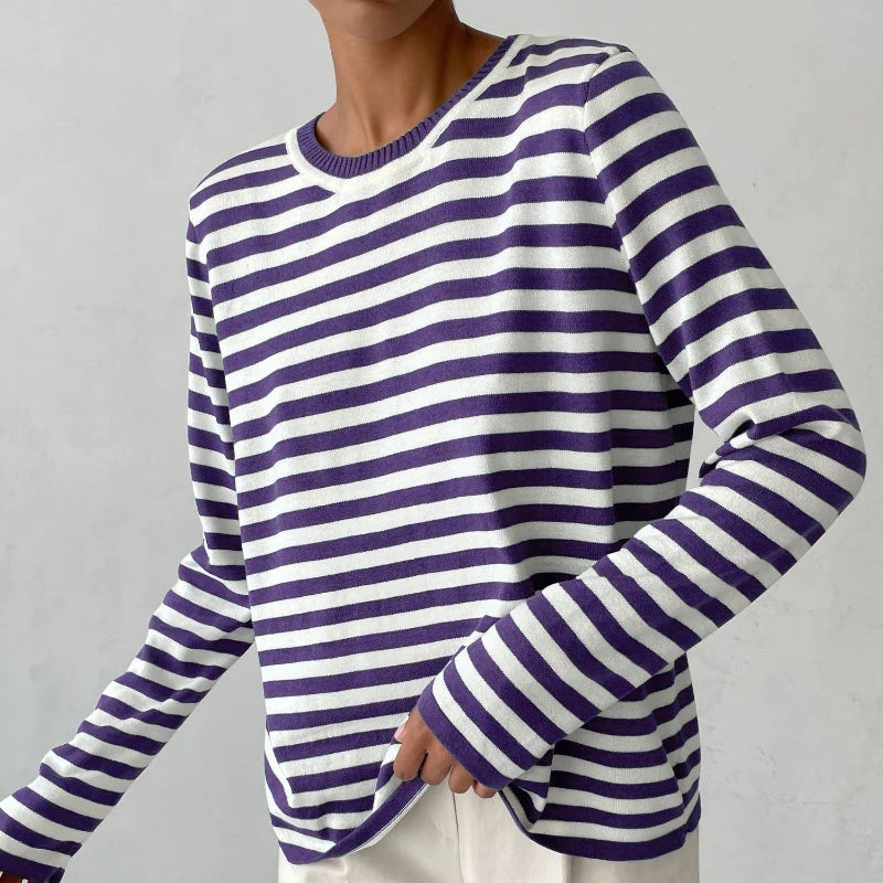 Vien | Women’s Striped Knit Long Sleeve Crew Neck Sweater