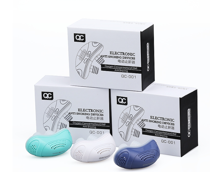 Three micro CPAP anti snoring devices in different colors with packaging boxes