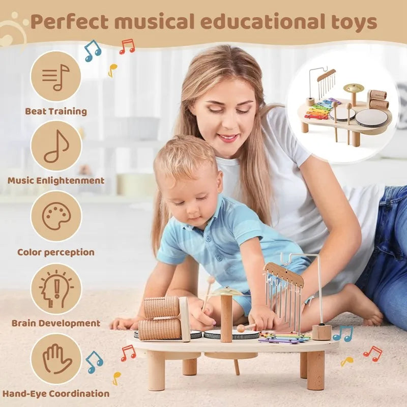 Montessori wooden musical instrument station with kids percussion set and xylophone