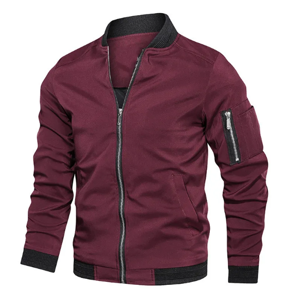 Burgundy men's lined bomber jacket front view