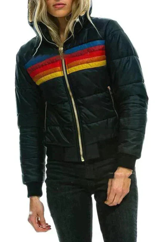 Woman wearing Black retro stripe puffer winter jacket with full zip