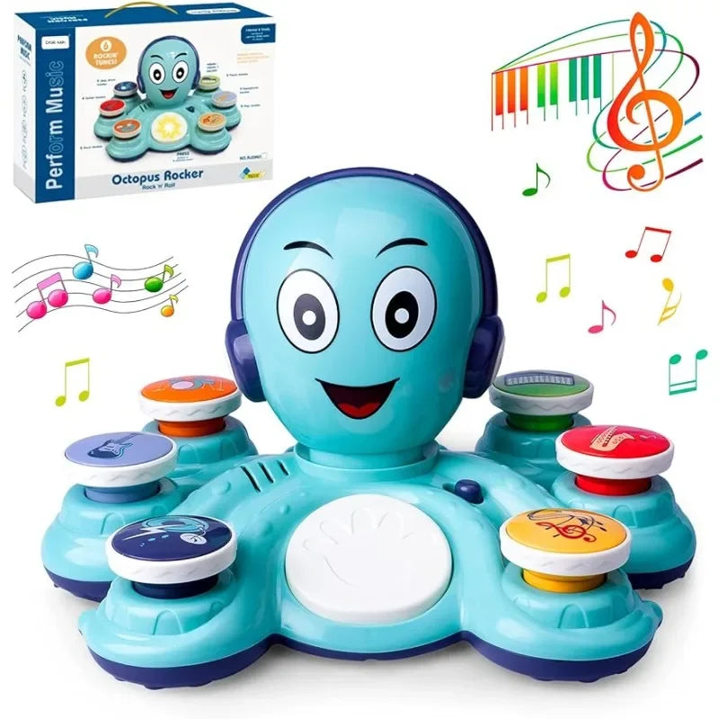 Kids blue musical octopus toy packaging and front view