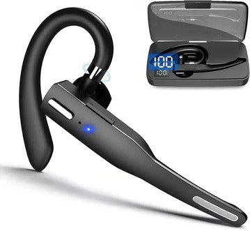 Wireless bluetooth headset with charging case displaying battery percentage