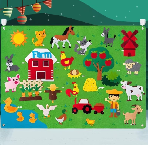Full set of felt christmas nativity pieces laid out flat on white background