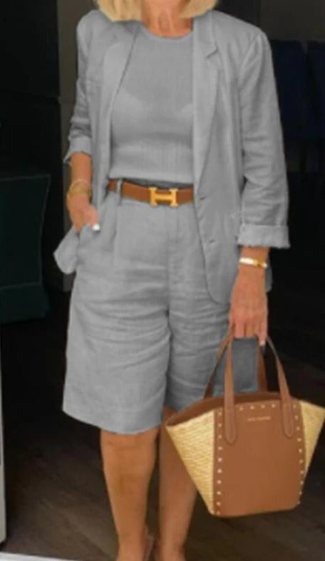 Close up of the fabric and tailored details on the womens blazer set