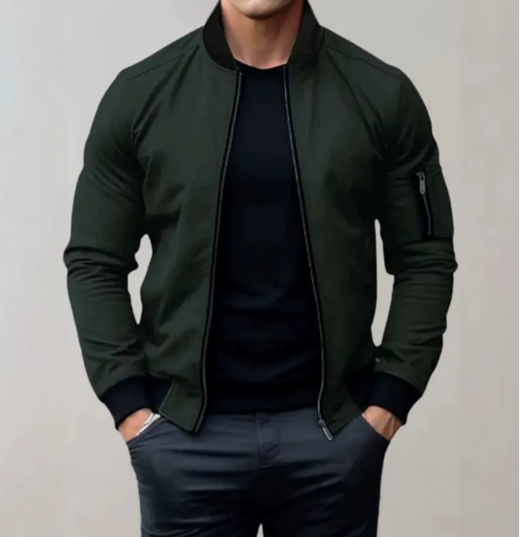 Man wearing dark green men's bomber jacket with zip detail