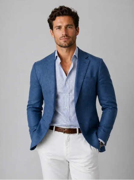 Man wearing a blue lightweight smart casual blazer jacket