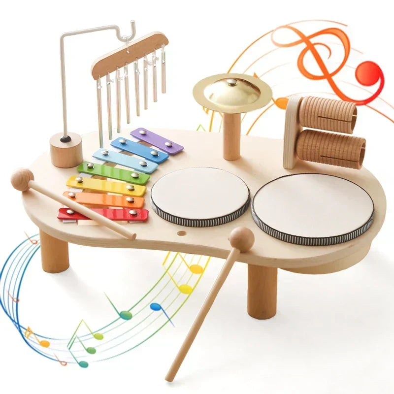 Colorful wooden music activity station with musical notes graphic