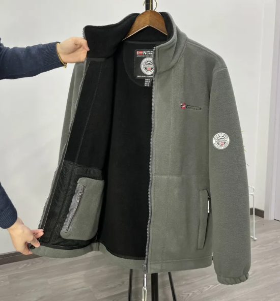 Grey men's fleece cardigan with full zip and interior pocket detail