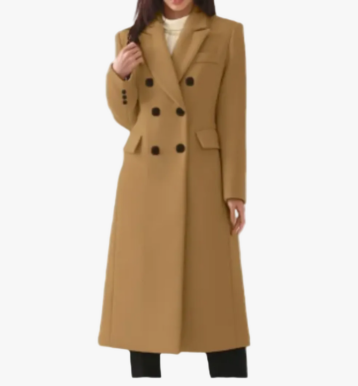 Model wearing a brown double-breasted long tailored coat with lapel collar