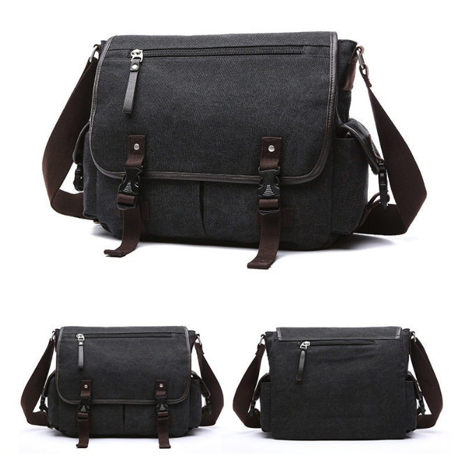 Back view of the casual unisex messenger bag showing exterior pockets and comfortable wear.