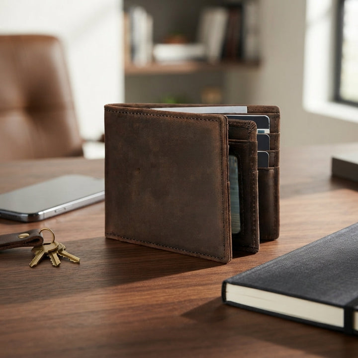 Dark brown bifold wallet placed on a wooden desk next to keys and notebook