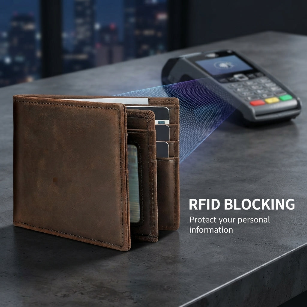 Wallet displaying RFID blocking protection against contactless payment terminal