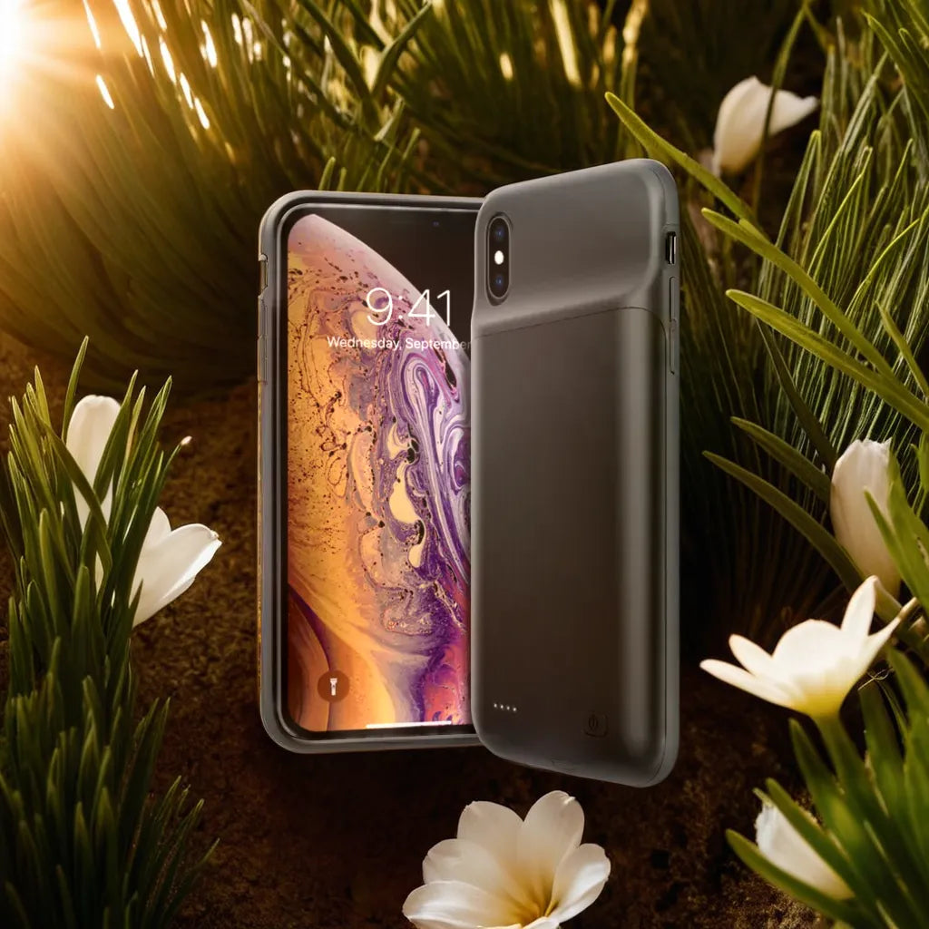 Back view of the black phone protection battery case featuring built-in wireless charger