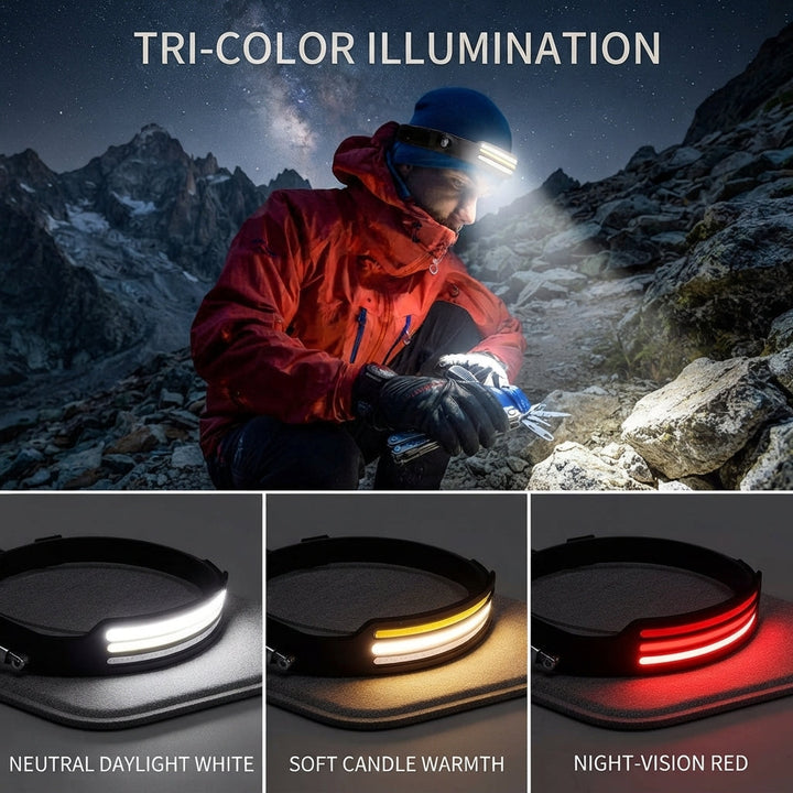 Headlamp worn outdoors showing neutral white, warm, and red light modes