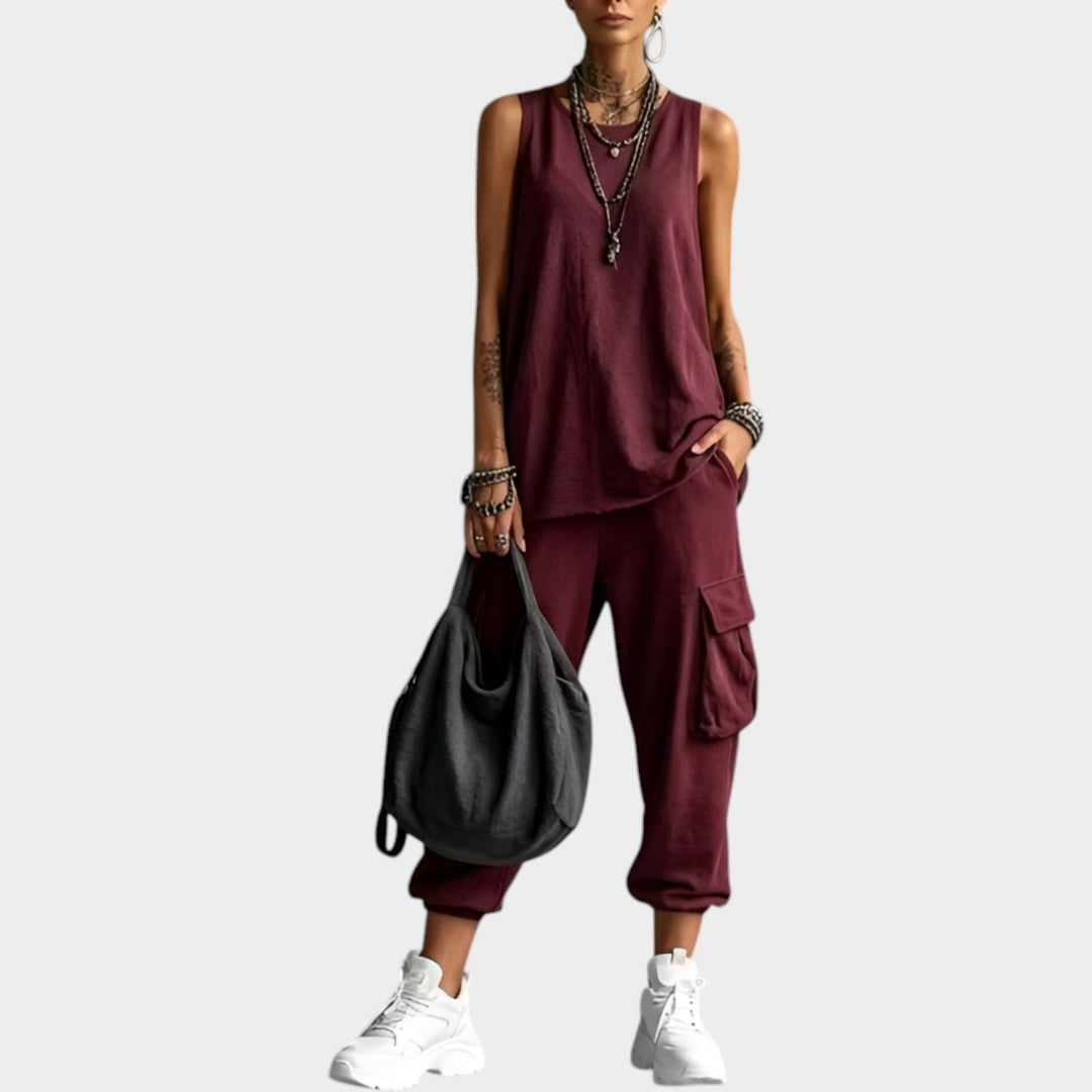 Chic two piece womens streetwear ensemble with sleeveless top and relaxed cargo pants
