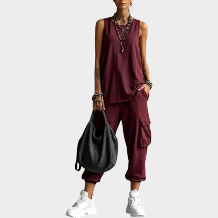 Chic two piece womens streetwear ensemble with sleeveless top and relaxed cargo pants