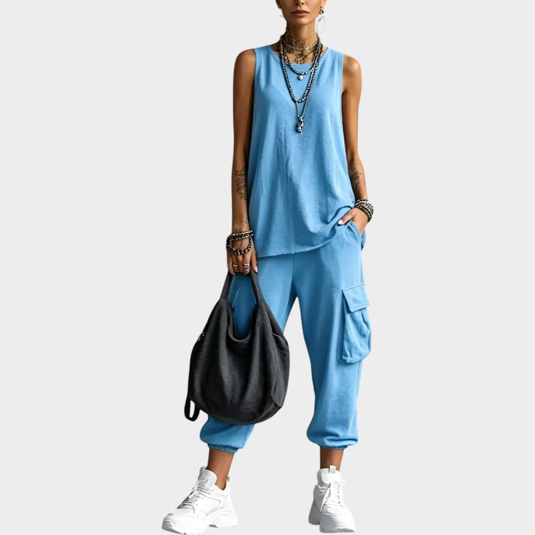 Women's urban style matching set featuring a sleeveless top and utility cargo pants