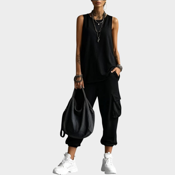 Woman wearing black sleeveless top and cargo pants matching set