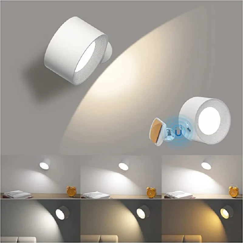 White rechargeable wall lamp displaying multiple lighting angles and positions