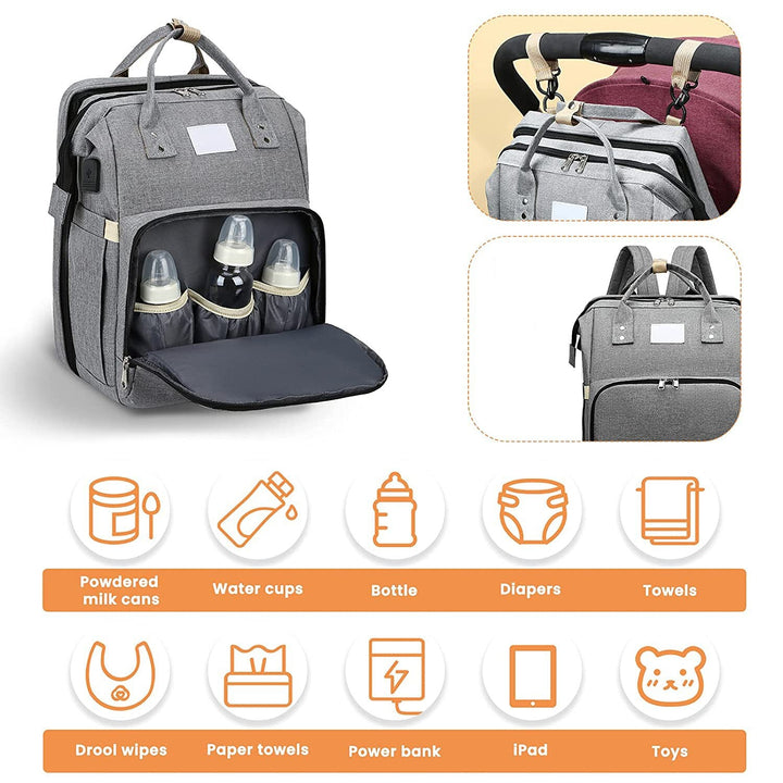 Grey diaper backpack displayed with stroller hooks and icon grid of baby supplies