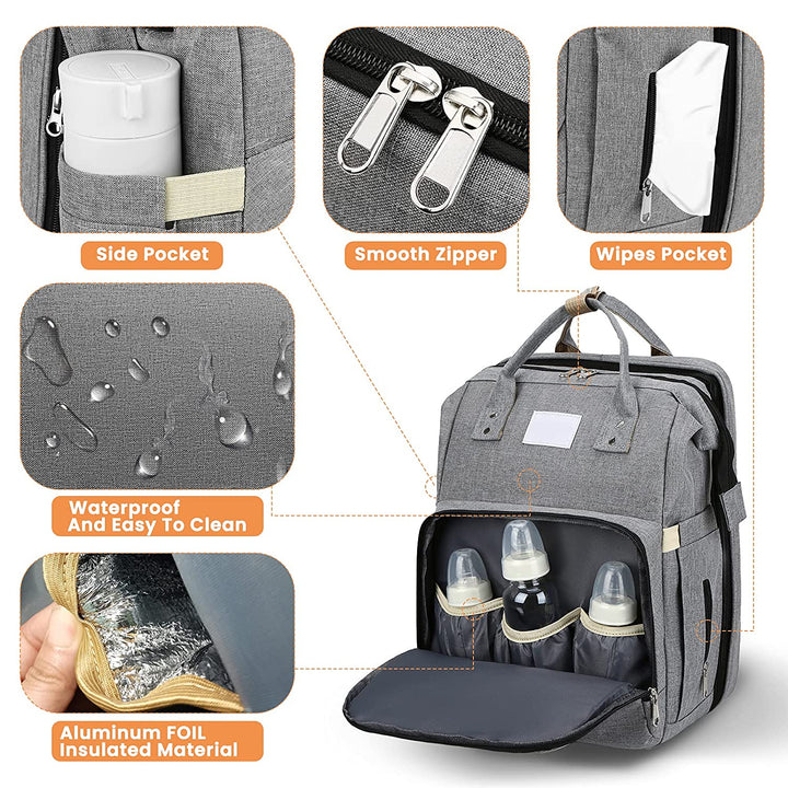 Close-up view of insulated bottle pocket, waterproof fabric, and side wipe storage